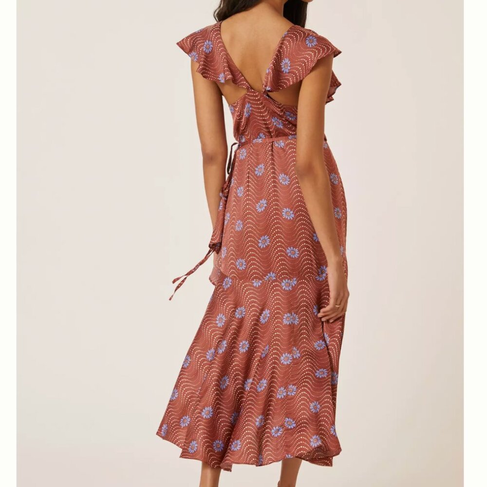 ANTHRO brown rust red Ruffle-Sleeve Printed-Wrap Maxi Dress - Picture 3 of 12